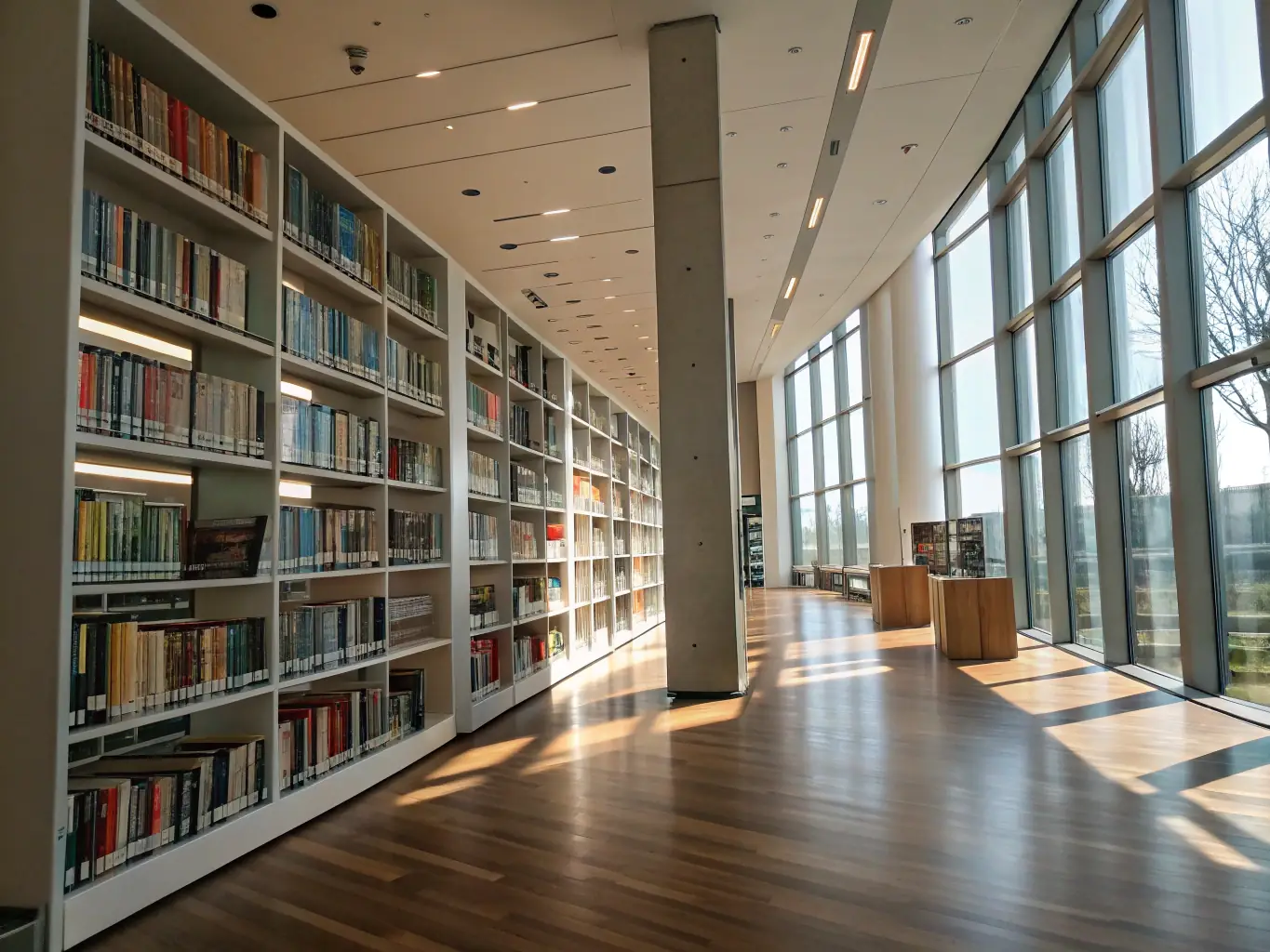 A welcoming library interior with shelves filled with books, reading areas, and digital resources, showcasing the diverse resources available at LECTURE-POUR-TOUS.