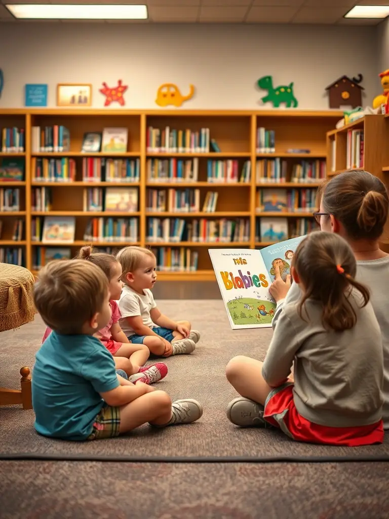A group of children sitting in a circle, listening attentively to a librarian reading a storybook during a children's reading program at LECTURE-POUR-TOUS.