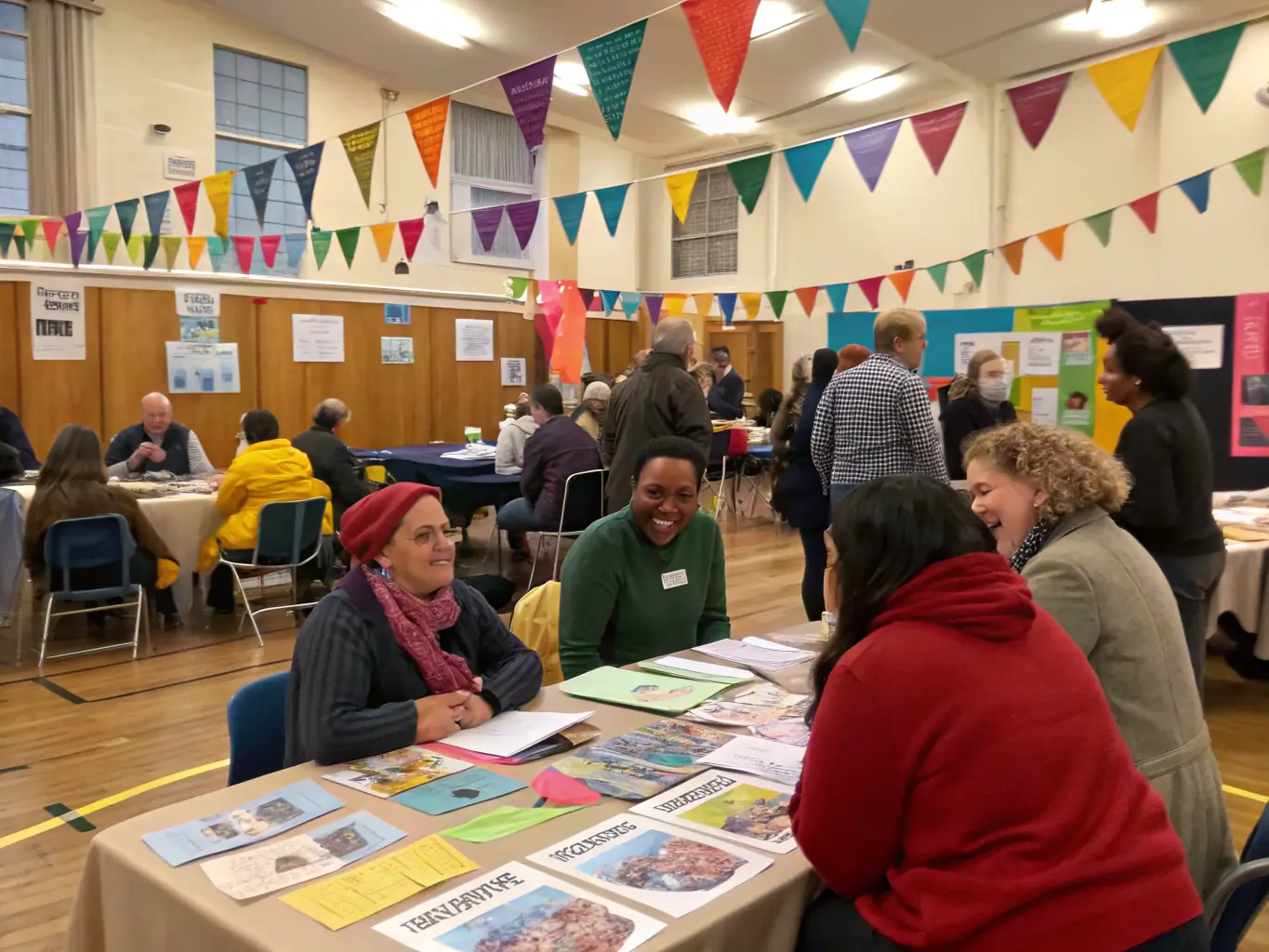 A lively community event with a speaker, audience, and book displays, capturing the vibrant atmosphere of LECTURE-POUR-TOUS's community events.