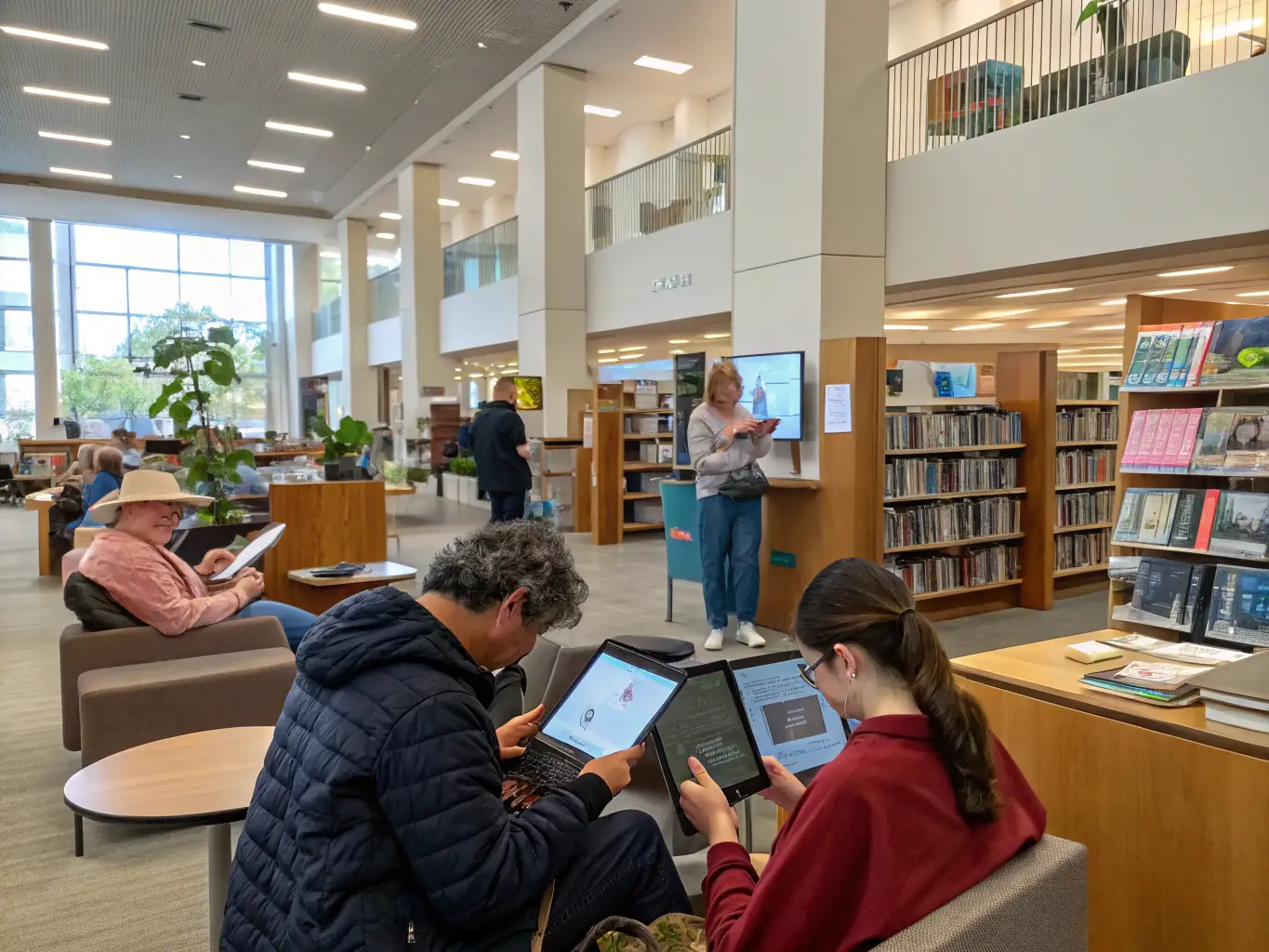 A welcoming library interior with shelves filled with books, reading areas, and digital resources, showcasing the diverse collection available at LECTURE POUR TOUS.