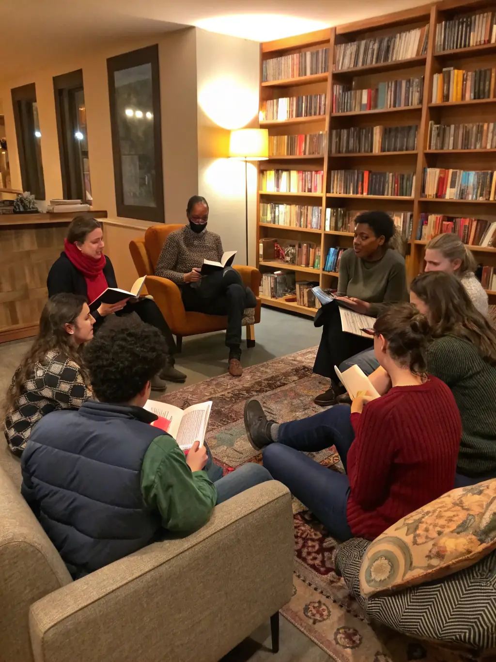 Adults attending a book club meeting at LECTURE-POUR-TOUS, discussing the themes and characters of the selected book.